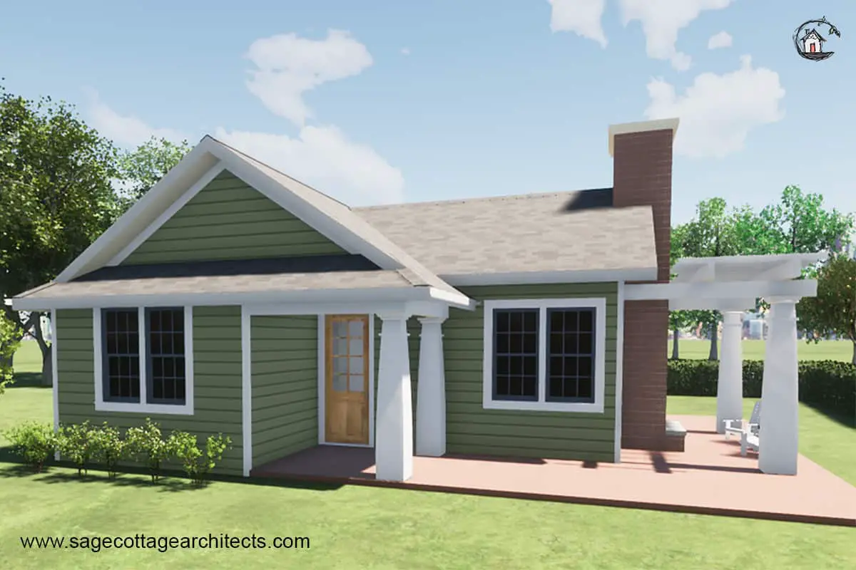 Photo of a traditional style granny flat with green siding and white columns. 