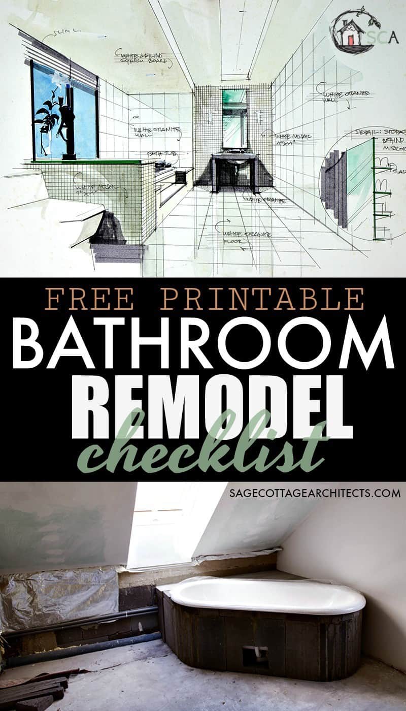 photo collage with the text free printable bathroom remodel checklist written on it