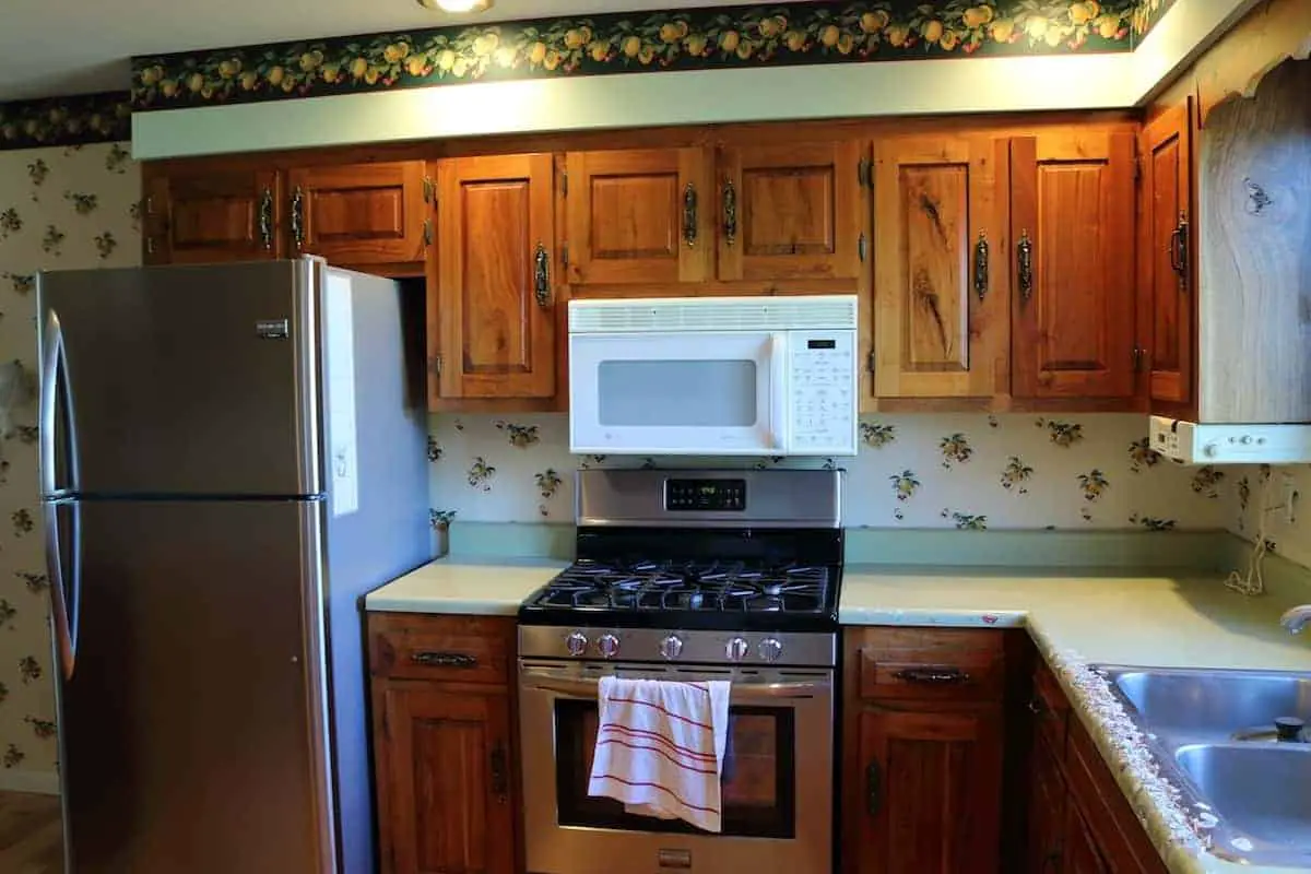 Stainless steel refrigerator & oven, green counters before kitchen remodel