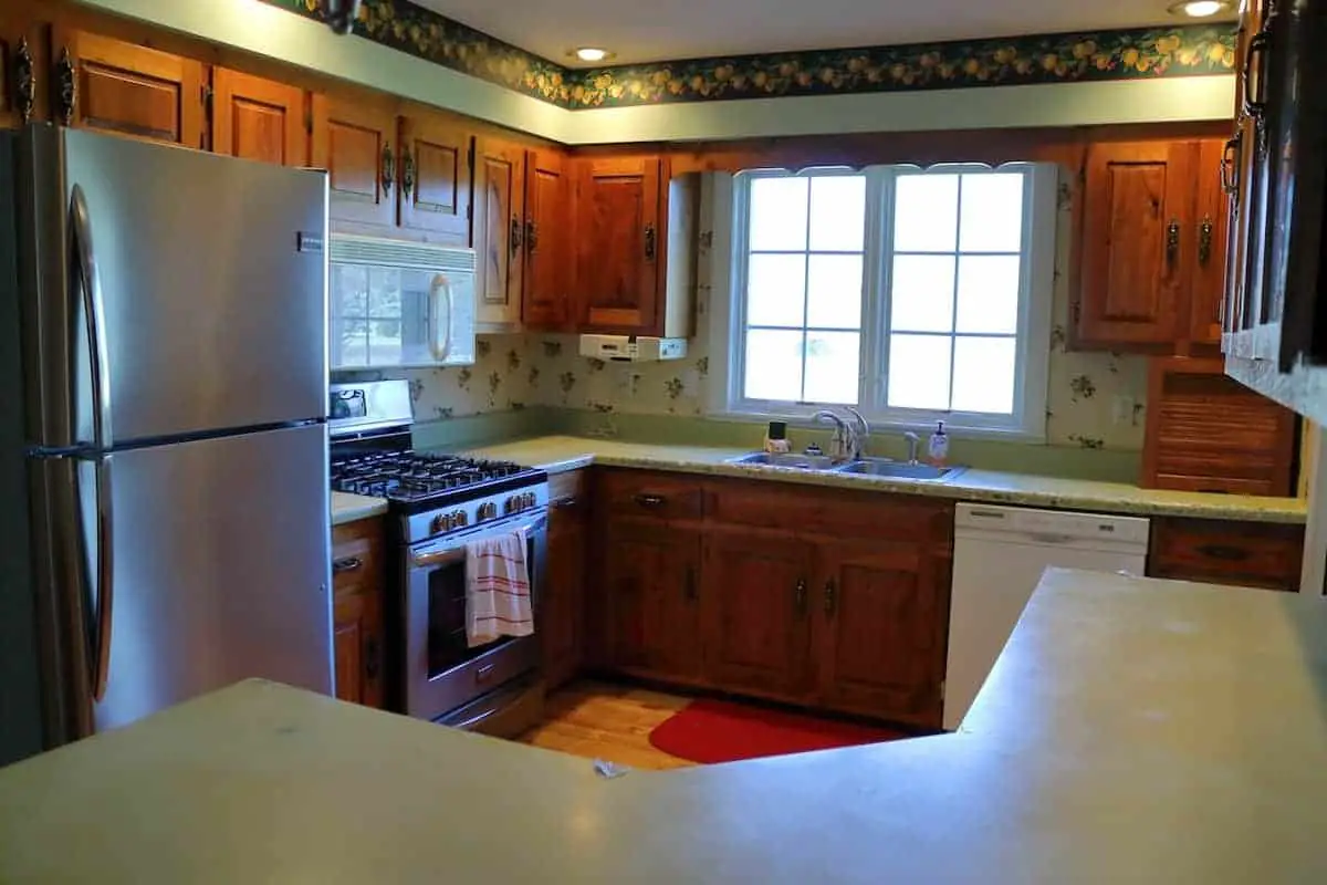 Kitchen renovation before - green counters, large window, and stainless steel appliances