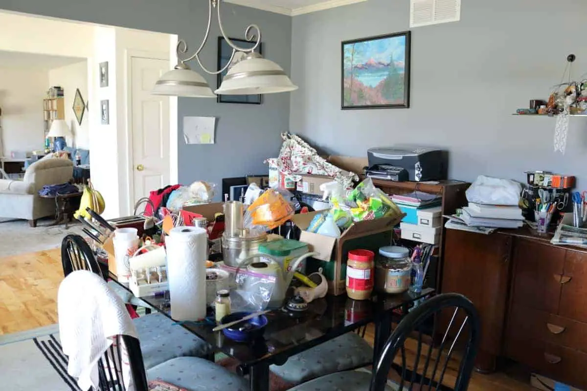 Cluttered dining room during kitchen remodel