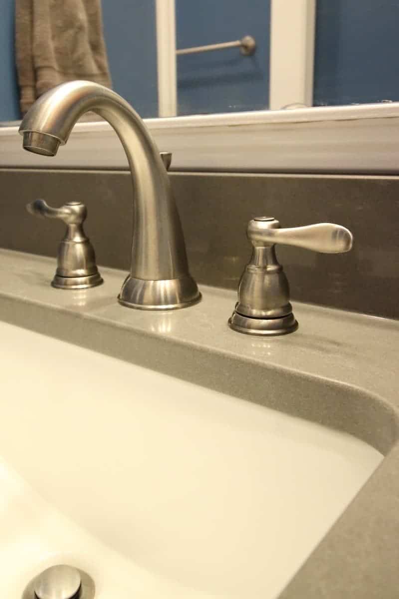 Dated 1970's Bathroom Remodeling - Bath Renovation Reveal 8 Bathroom makeover with satin nickel faucet and dark grey quartz countertop