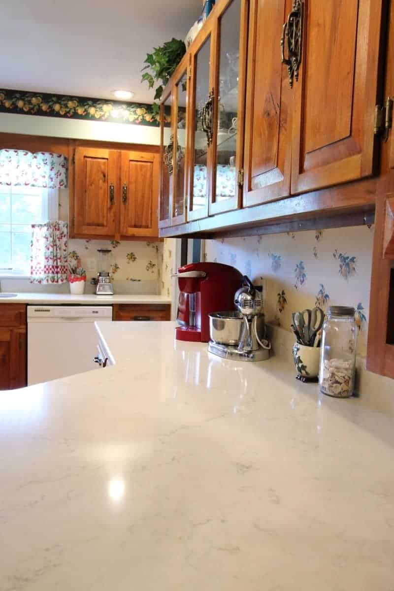 New white quartz countertop in mini kitchen remodel