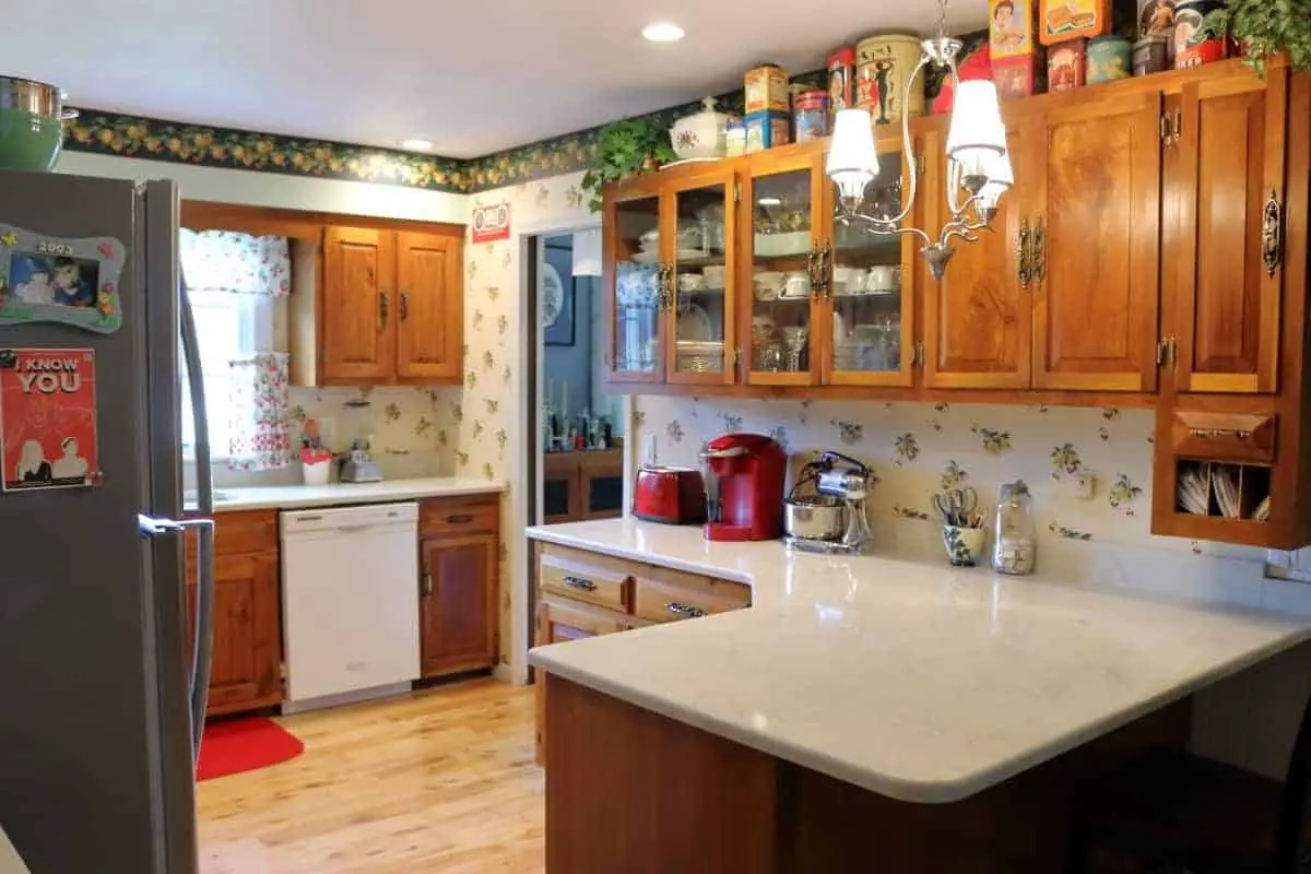 Retro kitchen remodel with white quartz countertops