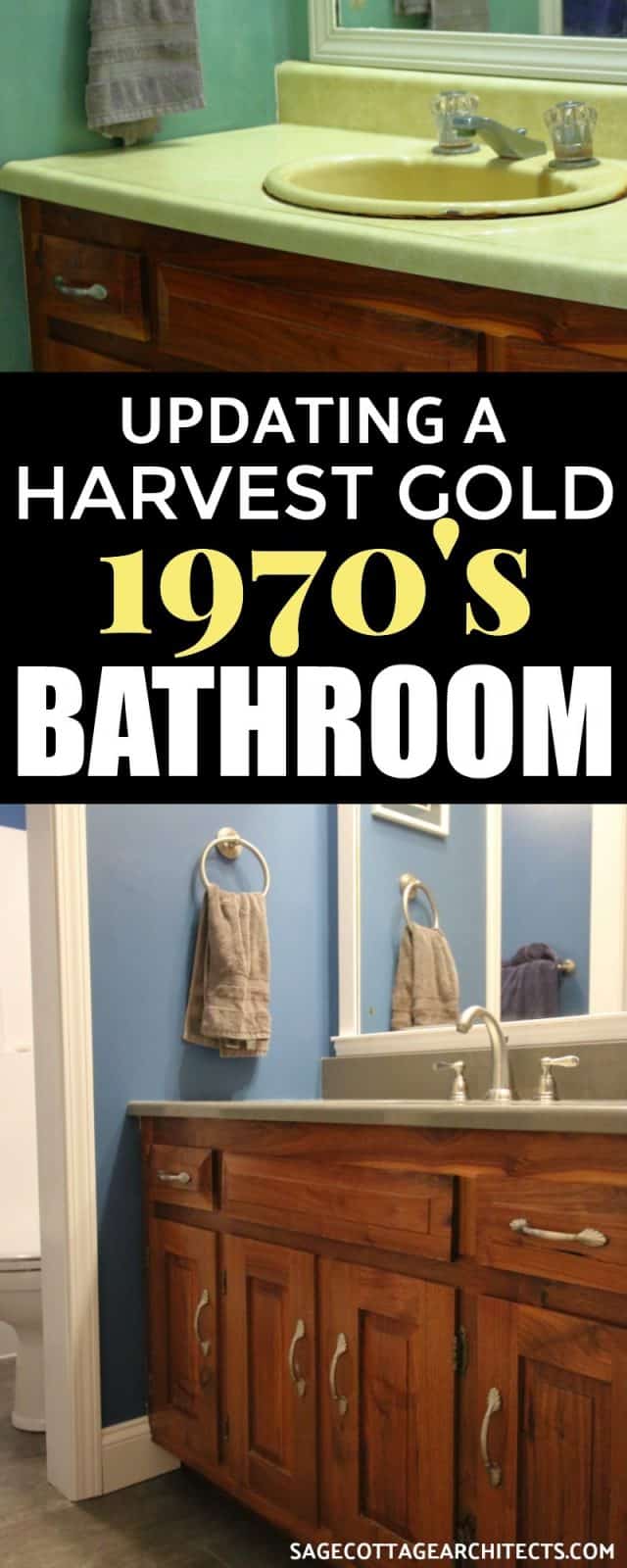 Collage - dated yellow 1970's bathroom sink, and updated bathroom in dark grey and blue. 