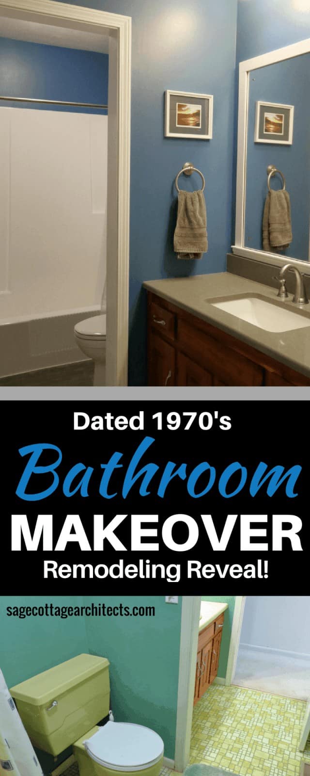 Photo collage - 1970's yellow bathroom remodel transformed into modern, dark blue and grey bathroom