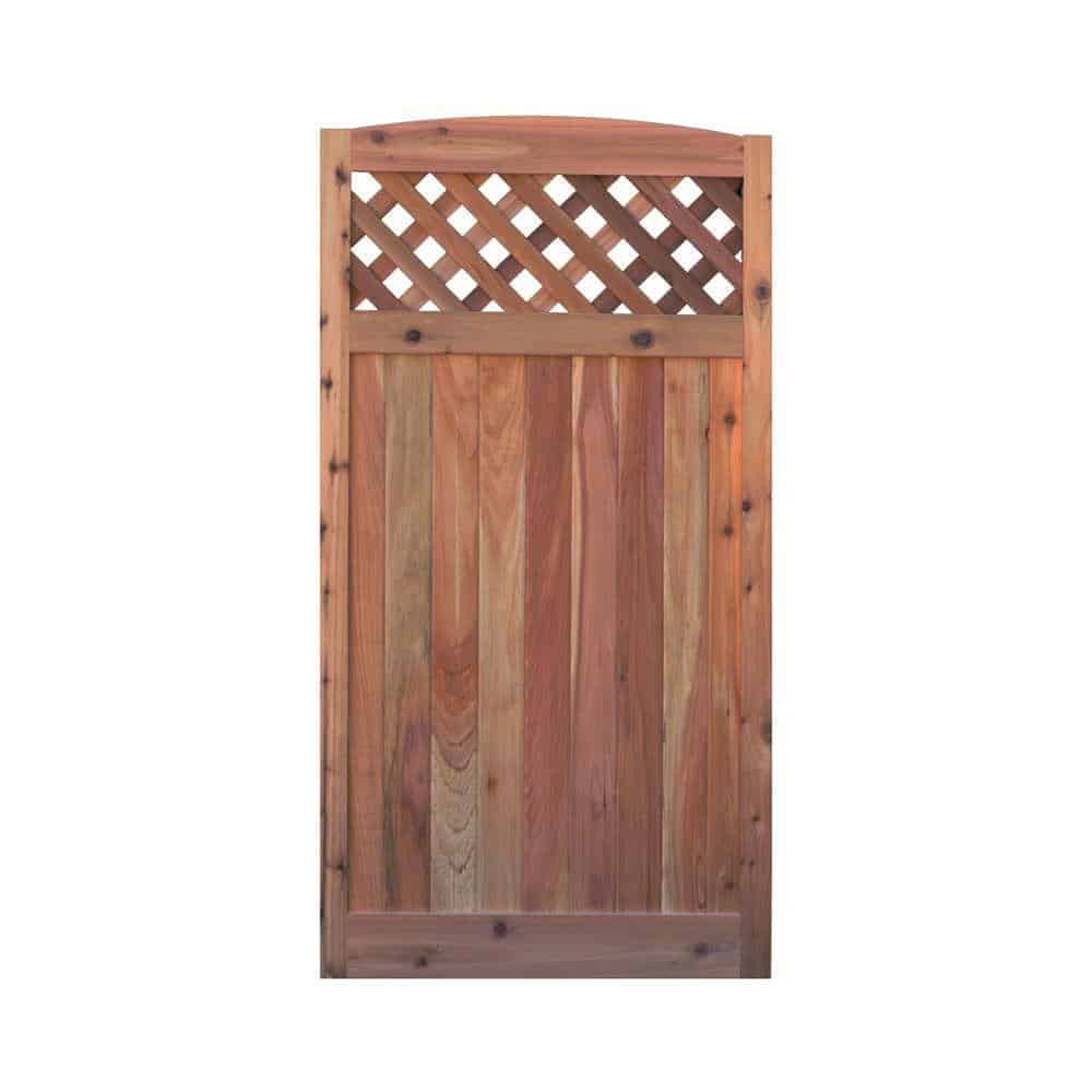 Wooden gate with lattice panel and arched top