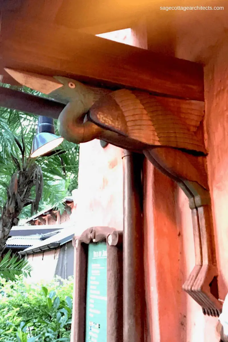 Wooden building corbel carved to look like a heron at Walt Disney World Animal Kingdom 