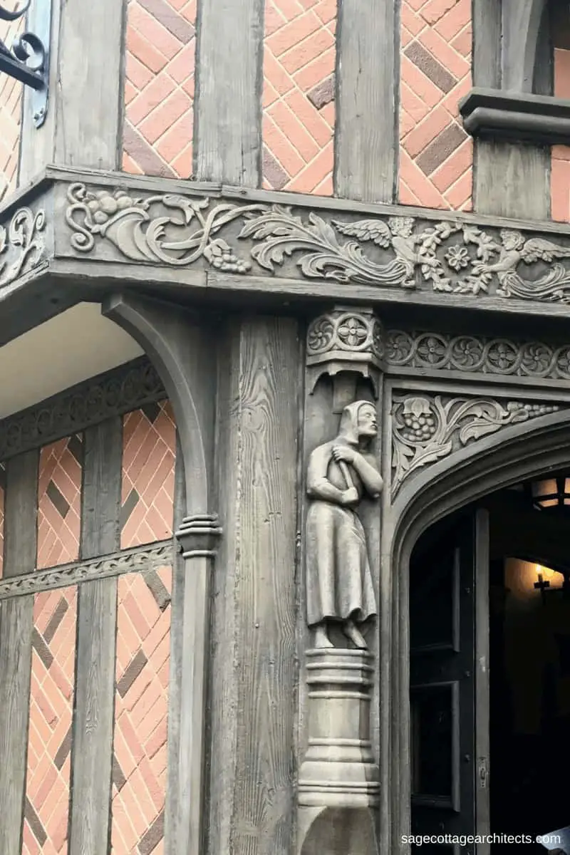 Carved wooden entrance to a building in Walt Disney World Epcot