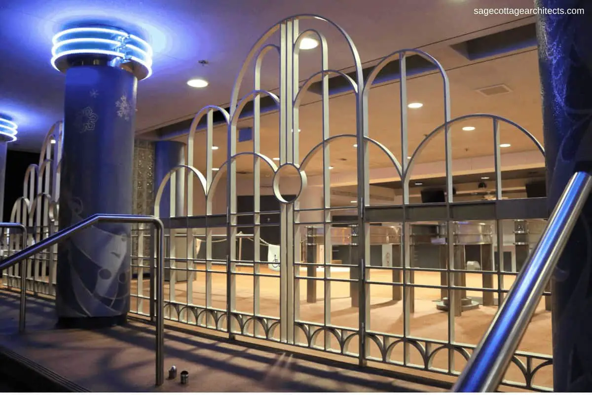 Art Deco metal gate and column with neon top at Walt Disney World Hollywood Studios