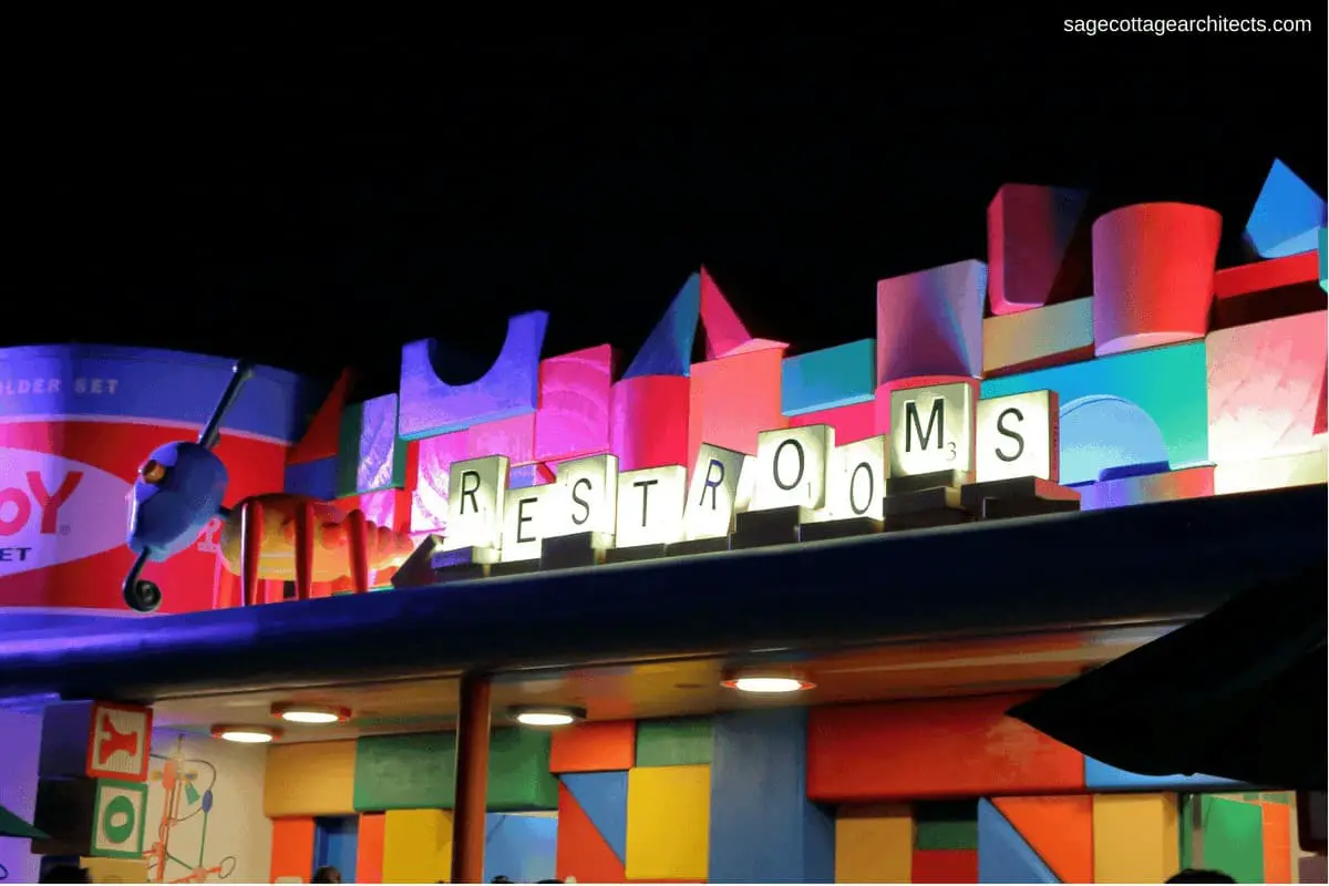 Restoom designed to look like toy blocks and scrabble tiles in Walt Disney World Hollywood Studios