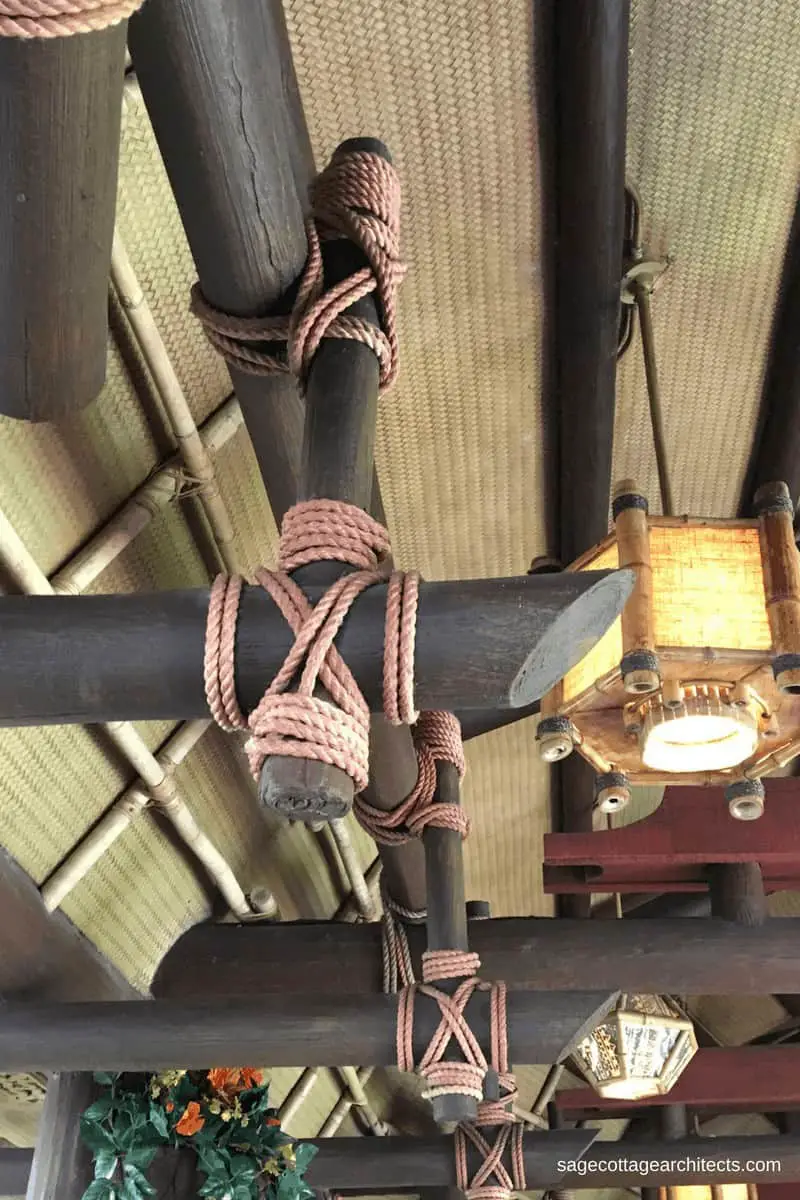 Tiki Room roof made of tied logs and bamboo matting in Walt Disney World