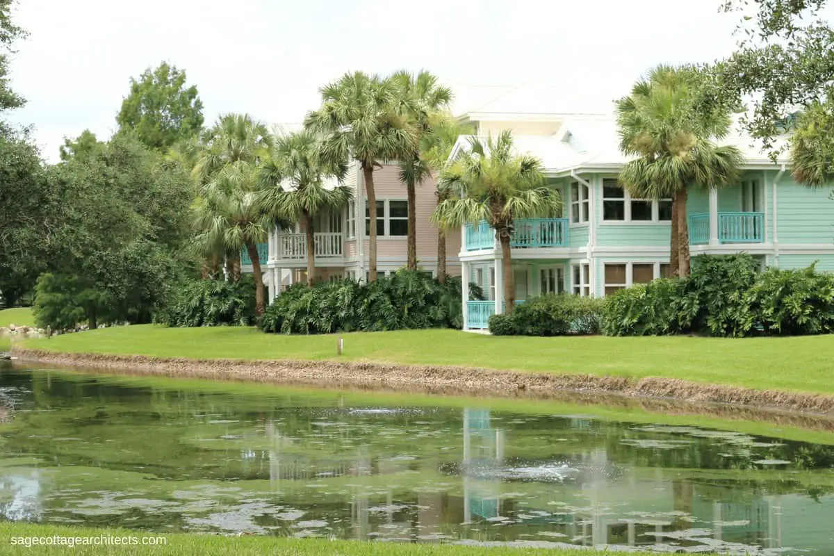 Pastel colored buildings in front of a pond at Disney's Old Key West Resort.
