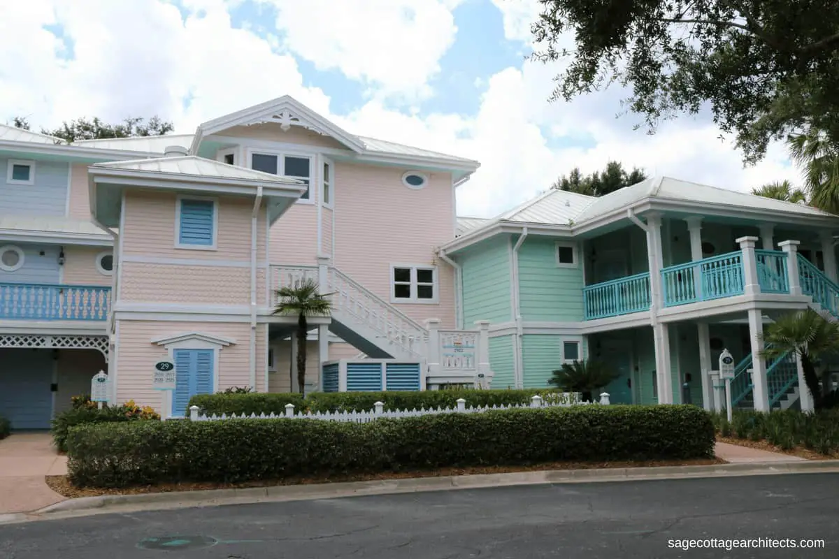 Pink and mint green pastel colored buildings at Disney's Old Key West Resort.