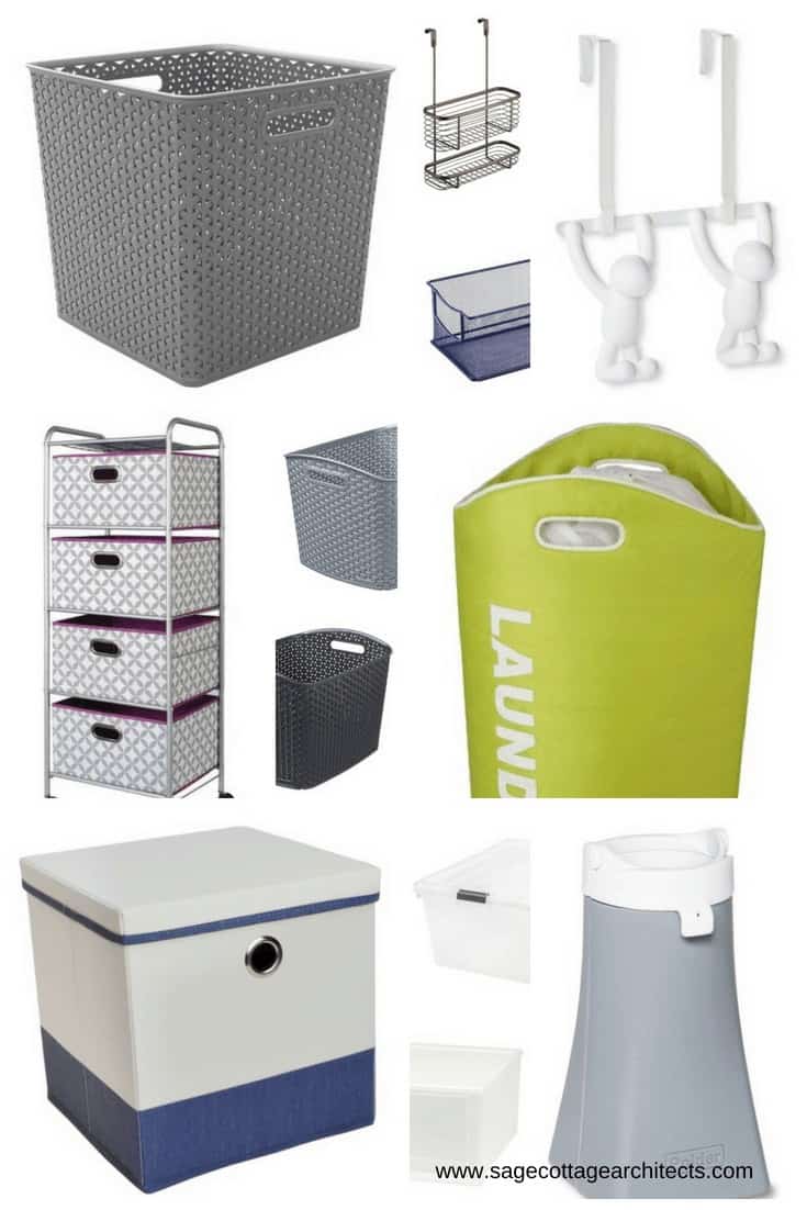 Photo collage of dorm room organizational products in dark grey.