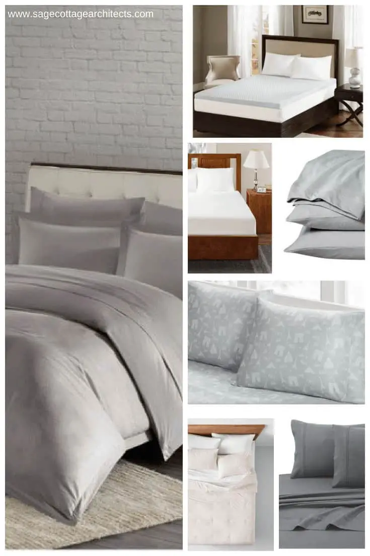 Photo collage of dorm room bedding in shades of grey