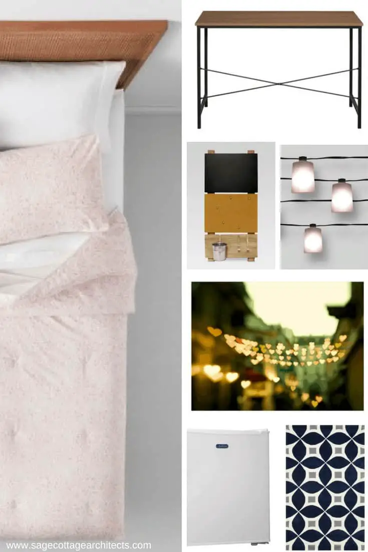 Photo collage of dorm room decor - pink bed, desk, bulletin board, lights, art print, mini fridge, rug