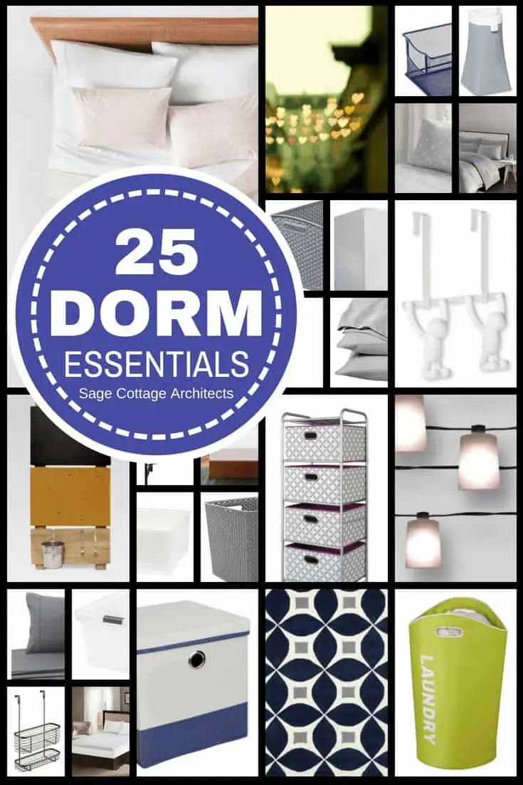 Photo collage of 25 dorm room essentials