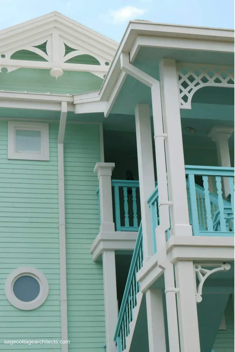 Disney's Old Key West Resort mint green building with white gingerbread trim.