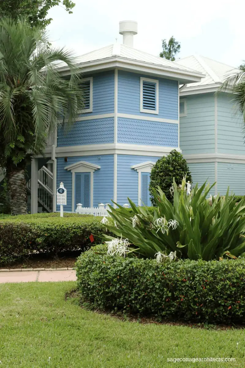 Disney's Old Key West Resort - blue building with white trim and grey metal roof.