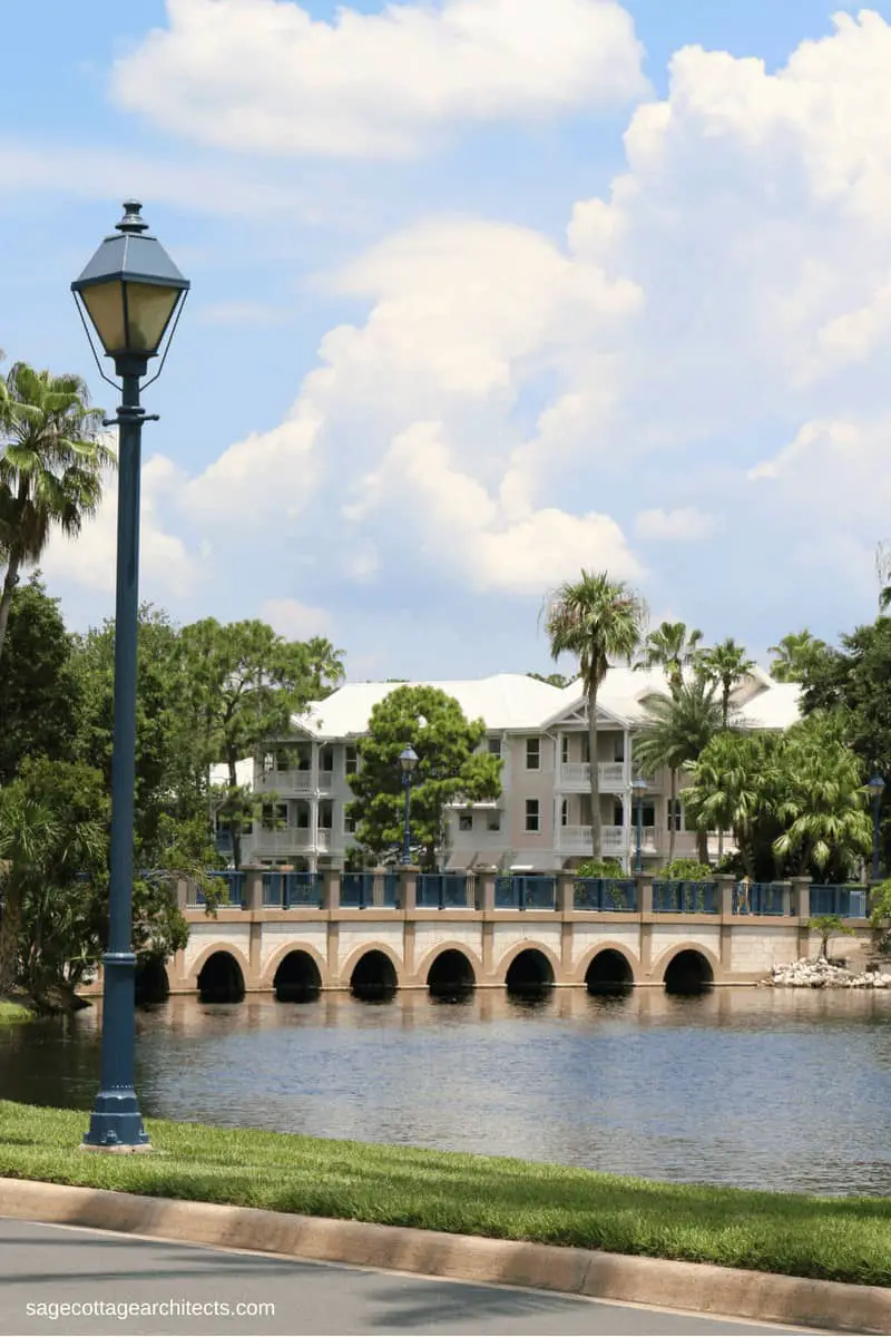 Disney's Old Key West Resort main bridge with seven arched openings and buildings in background.