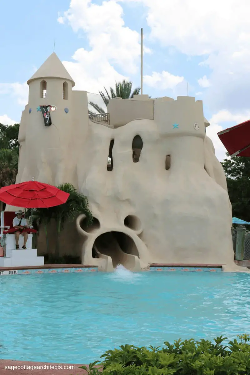 Giant sandcastle shaped pool slide and pool at Disney Old Key West Resort.