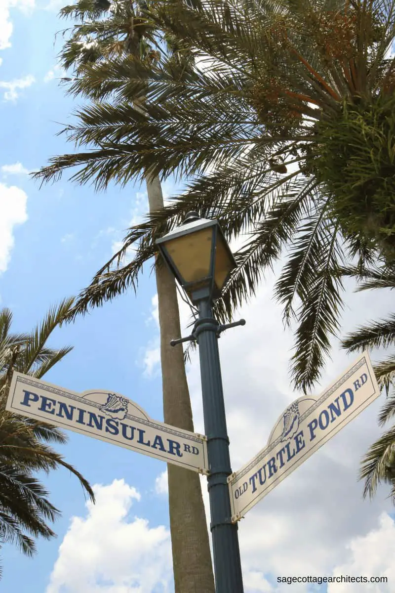 Street signs and palm trees in Disney's Old Key West Resort
