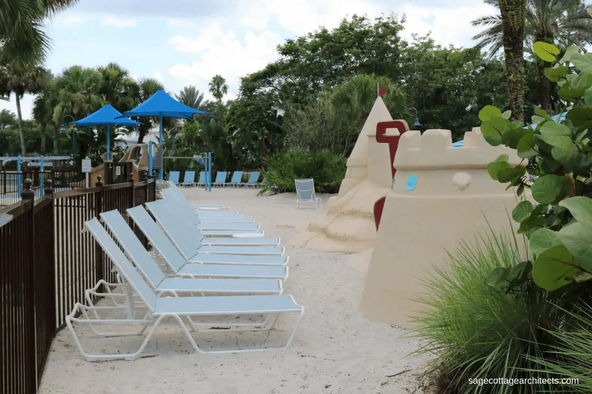 Disney's Old Key West Resort sand playground with lounge chairs.