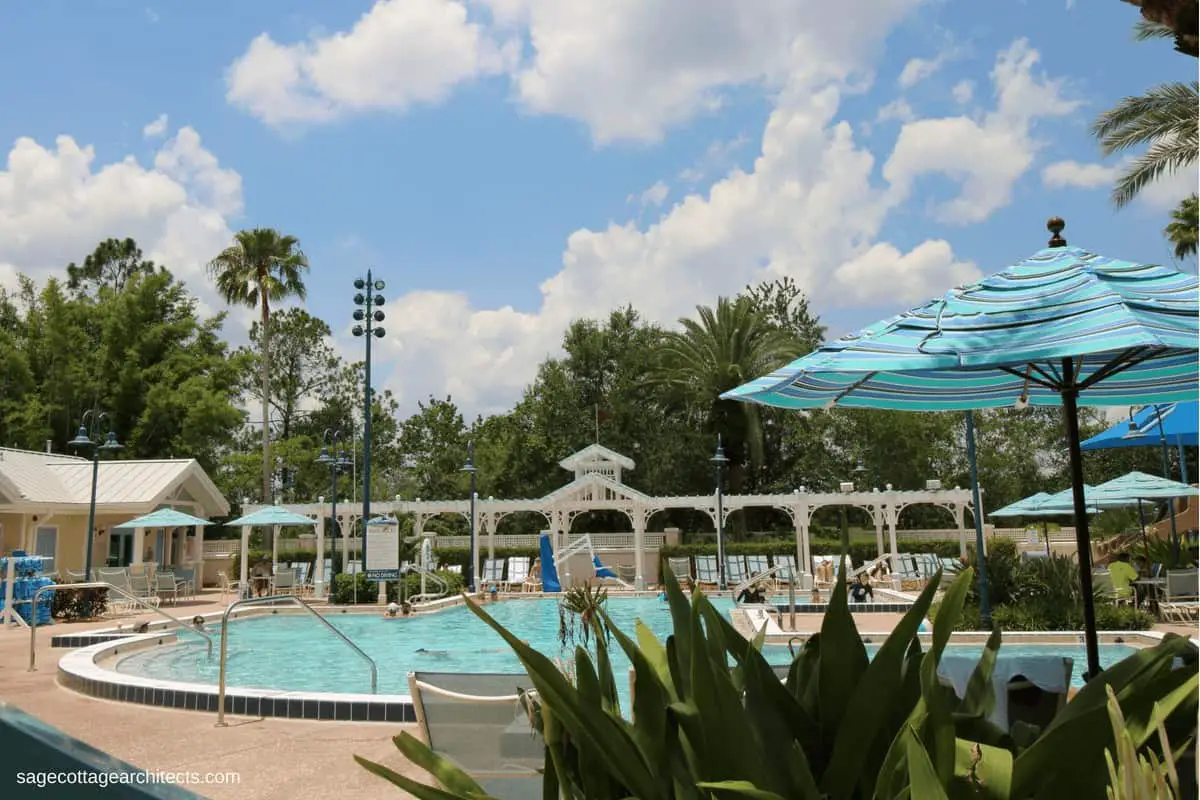 White gingerbread shade structure and swimming pool at Disney's Old Key West Resort