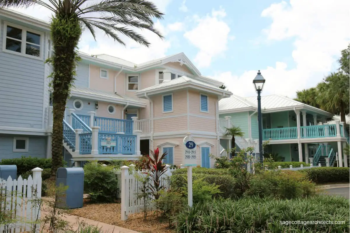 Disney's Old Key West Resort buildings in pastel pink, blue, and mint green.