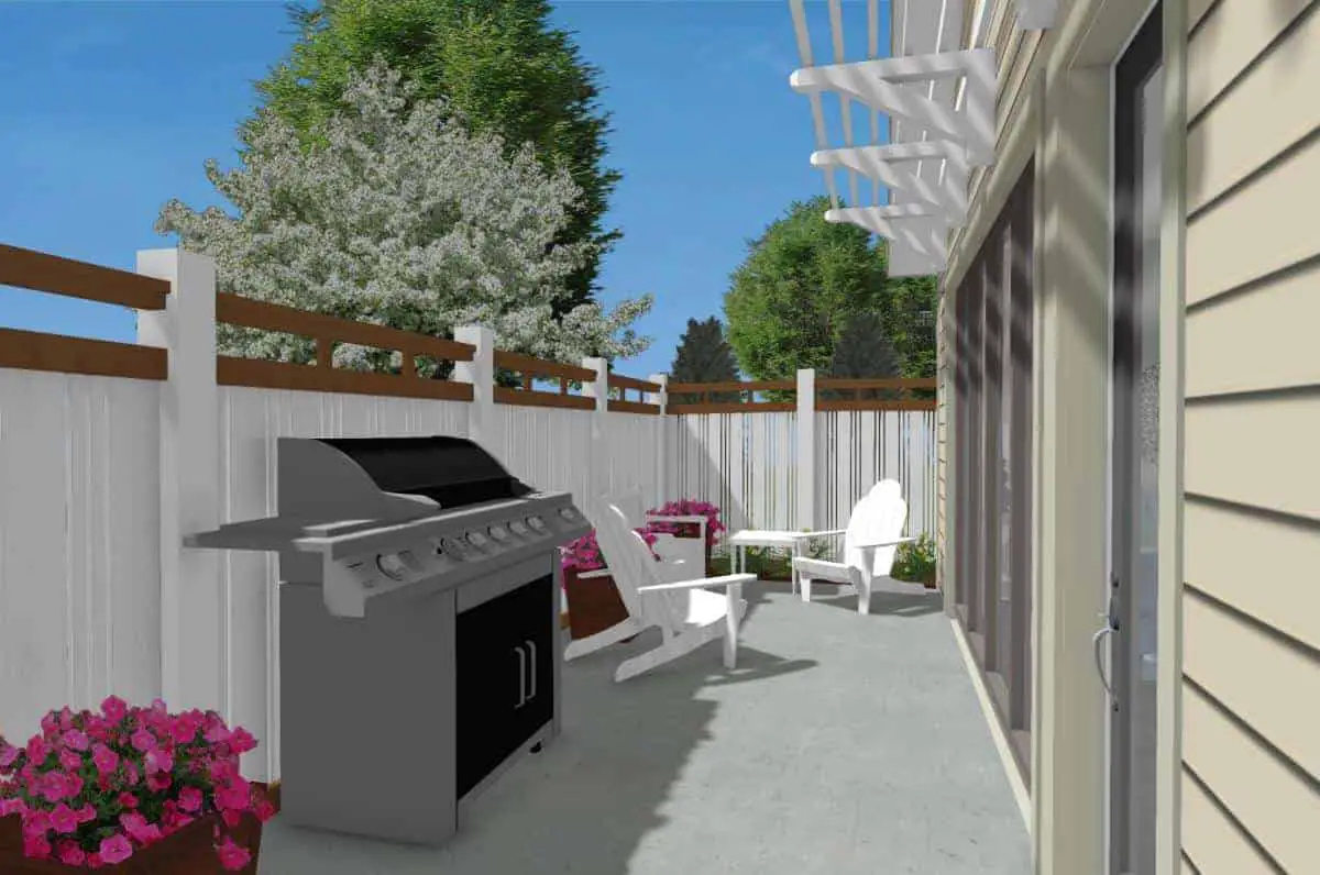 Exterior rendering of a patio space outside a garage conversion apartment.