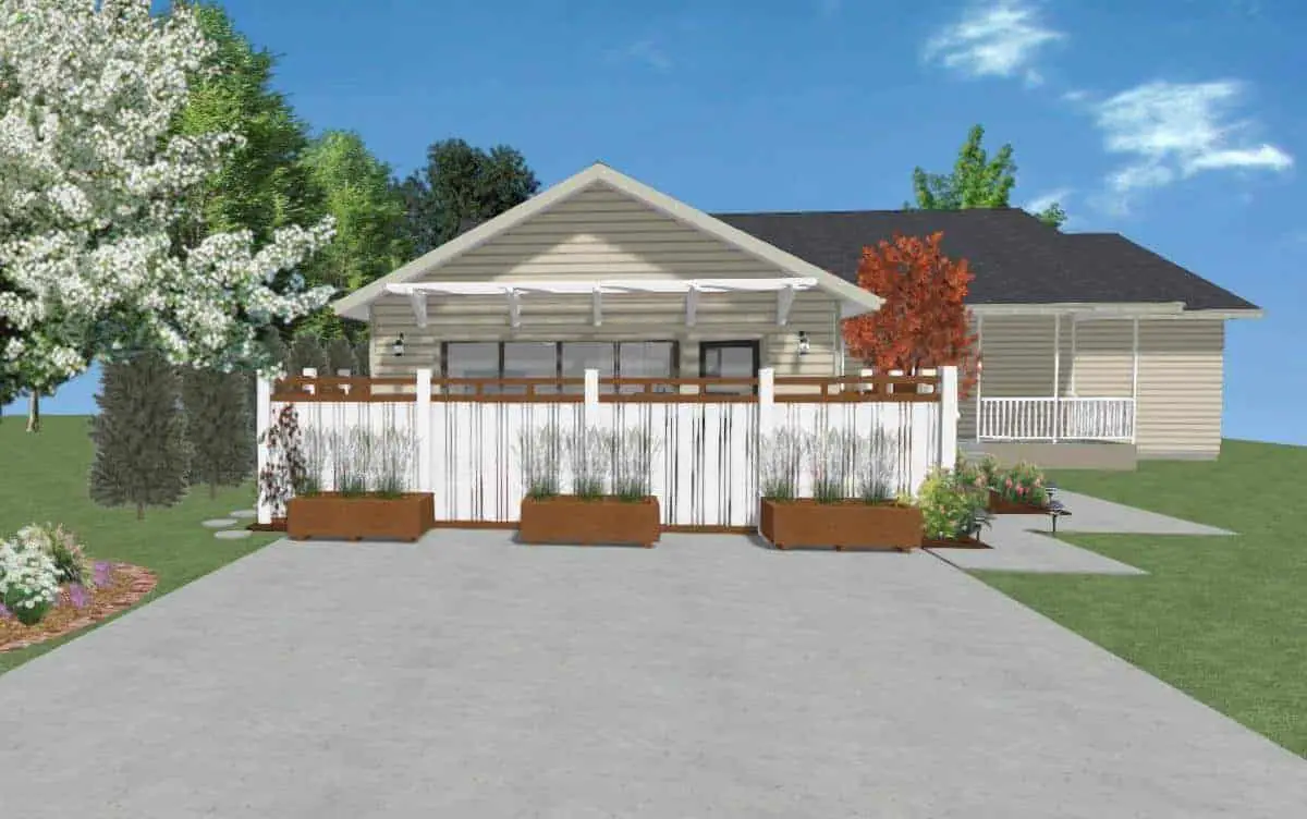 Drawing of the exterior elevation of a home with a garage conversion.