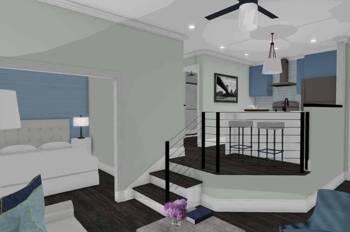 An interior rendering view into the raised kitchen of garage conversion into an apartment.
