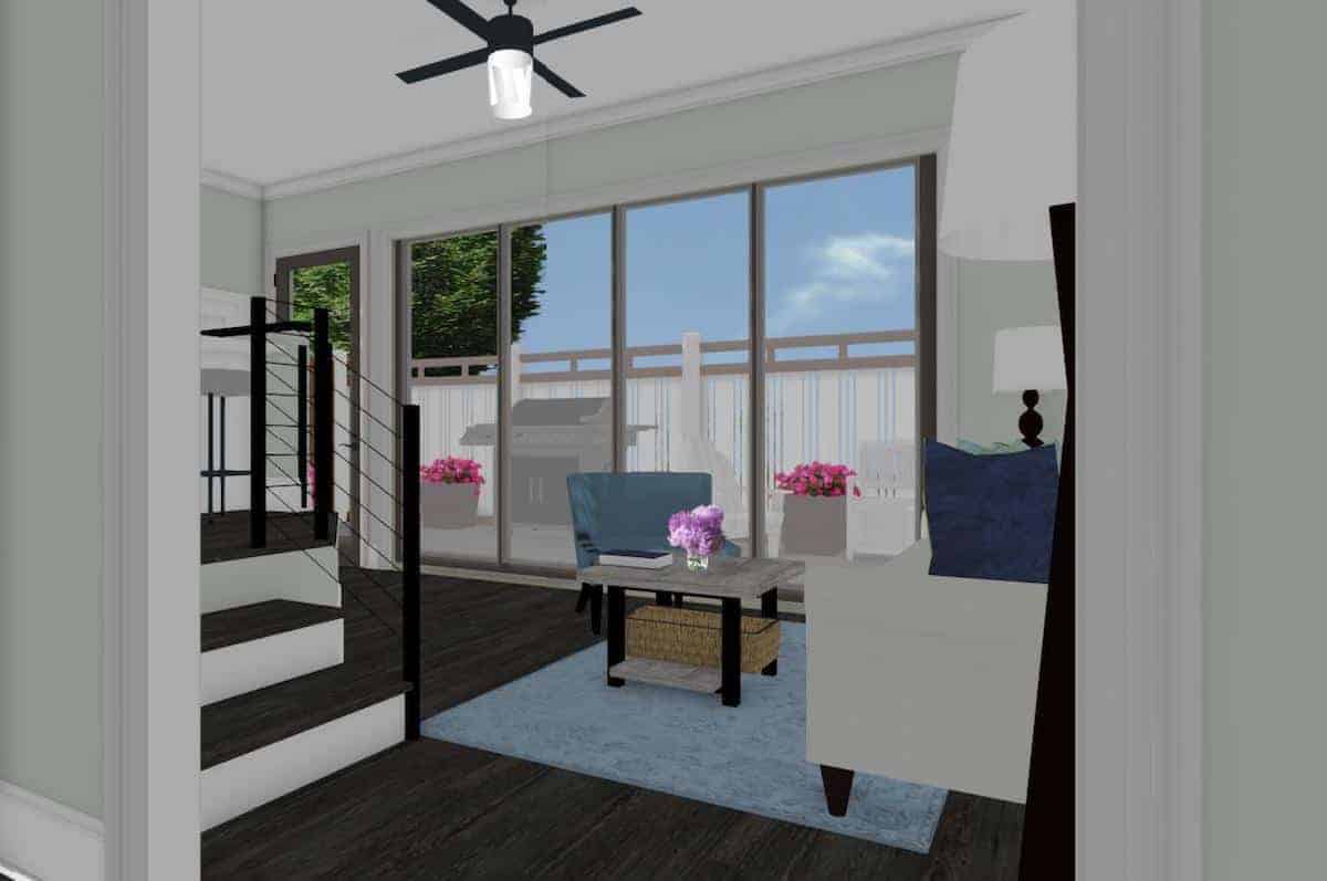 An interior rendering of the living room with a wall of glass in a garage conversion apartment