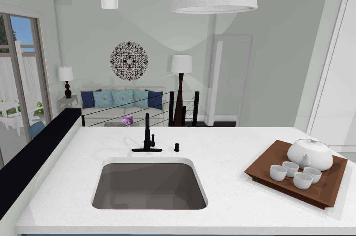 Interior drawing of white kitchen counter in an open floor plan garage conversion. 