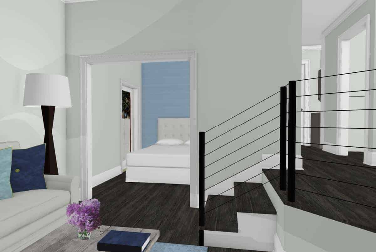 Colored drawing of the living room and bedroom of an open floor plan garage conversion. 