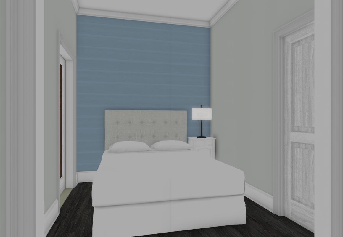 Rendered drawing of a grey bedroom with blue feature wall in a garage conversion.