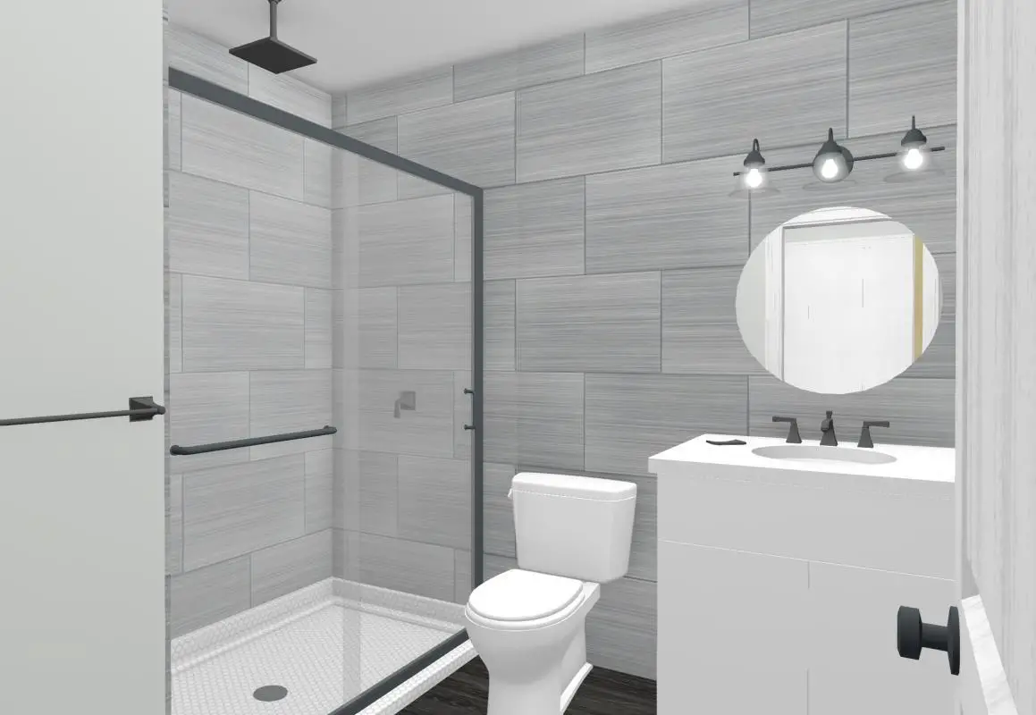 Colored drawing of a grey bathroom in a garage conversion. 