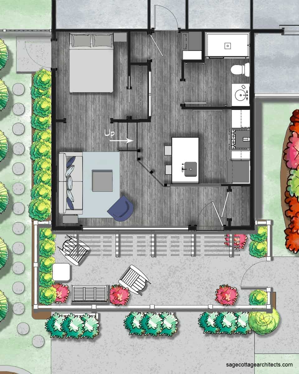 Garage conversion colored floor plan.