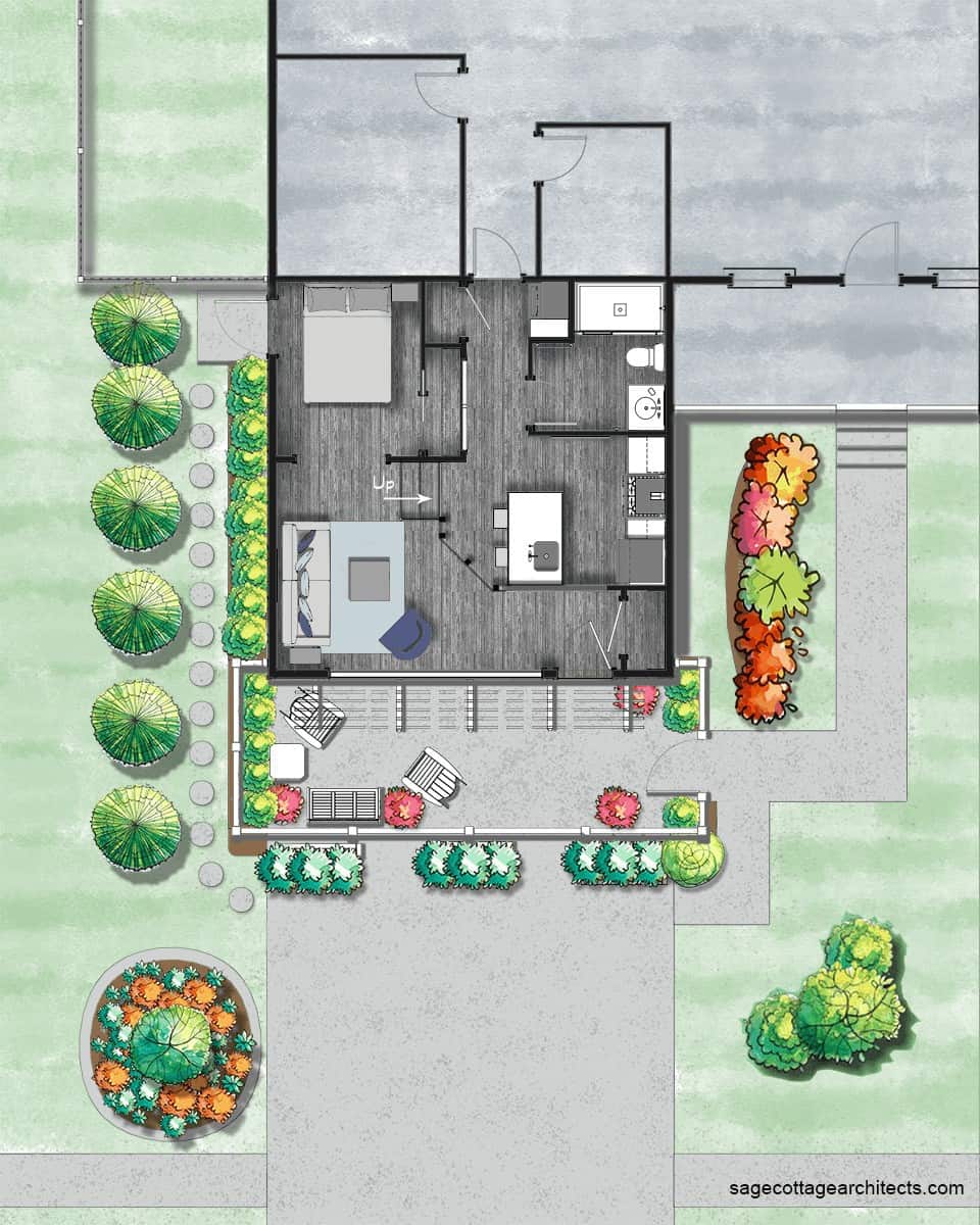 Colored site plan of a garage conversion apartment.