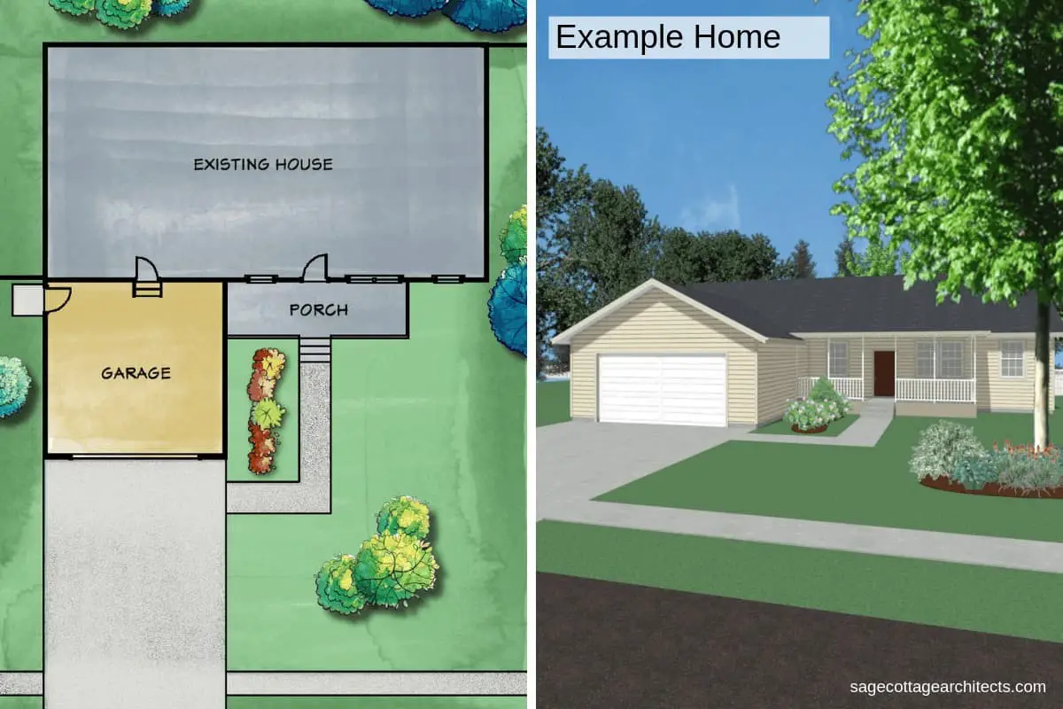 A rendered collage of a ranch style home's site plan and street view perspective. 