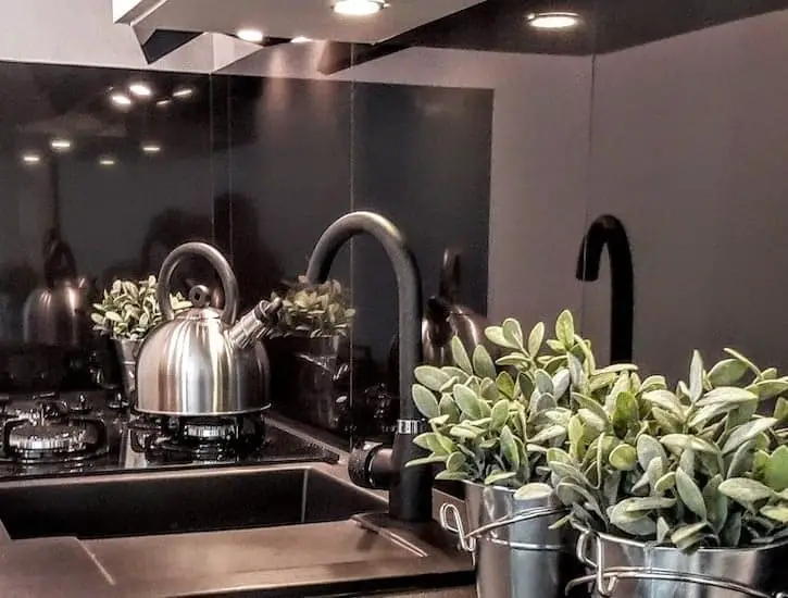 Compact black kitchen with sage plants growing in galvanized buckets.