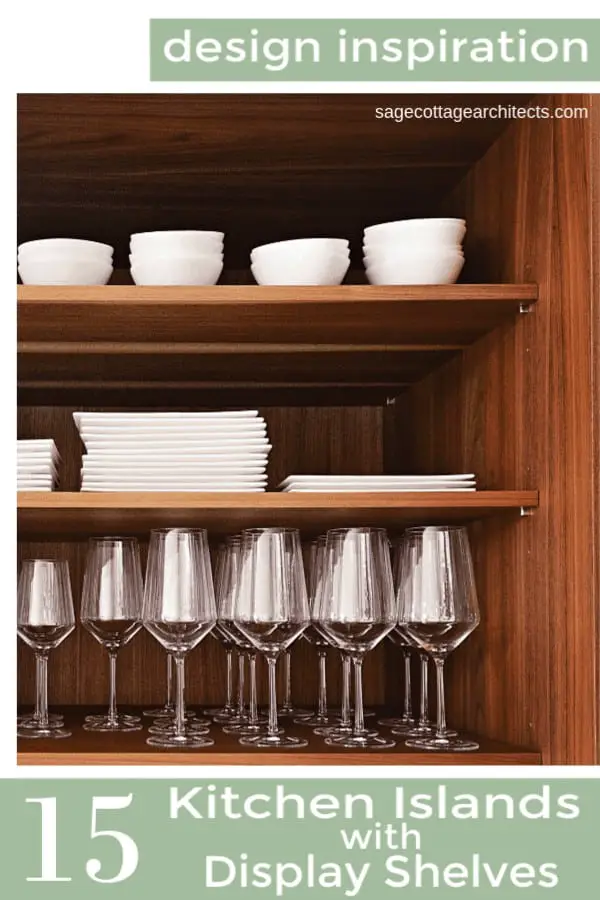 Collage of wooden cabinet shelves with white tableware and wine glasses that would be perfect for kitchen islands.