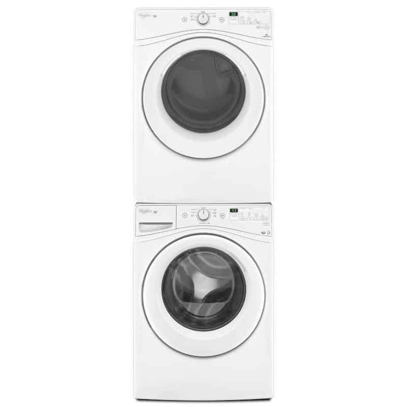Stacked front load washer and dryer in white