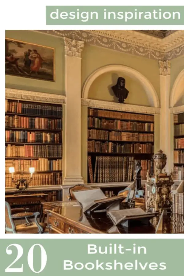 Collage of library with built-in bookshelves.