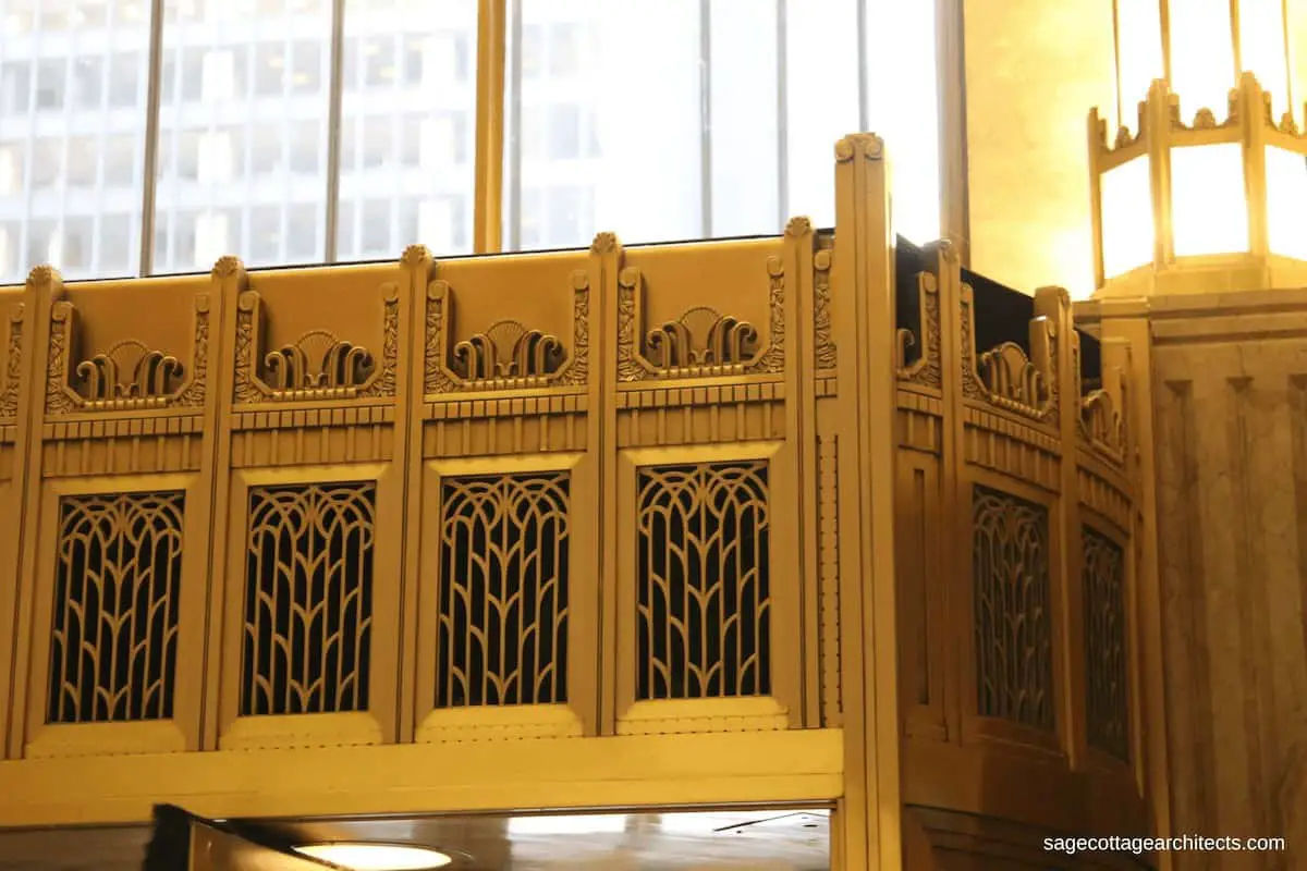 Bronze Art Deco interior canopy in the lobby of the Carbide and Carbon Building. 