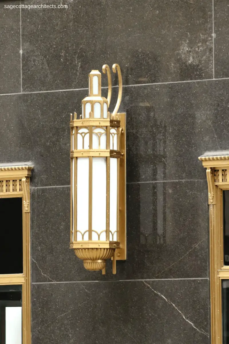 Bronze Art Deco exterior light on black granite wall of the Carbide and Carbon Building