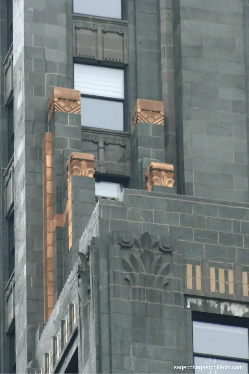 Stepped green terra cotta walls of the Carbide and Carbon Building.