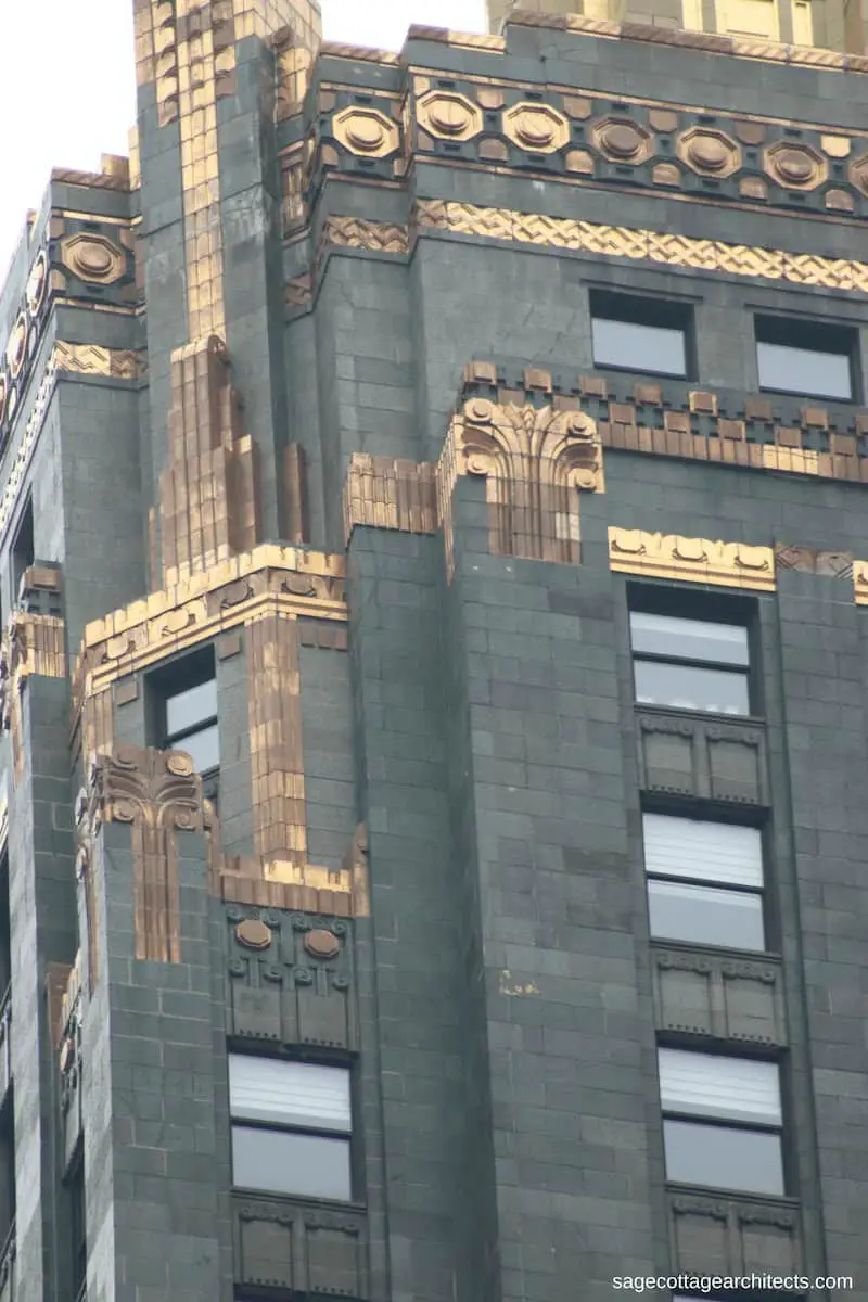 Bronze decoration on dark green terra cotta walls of the Art Deco Carbide and Carbon Building.