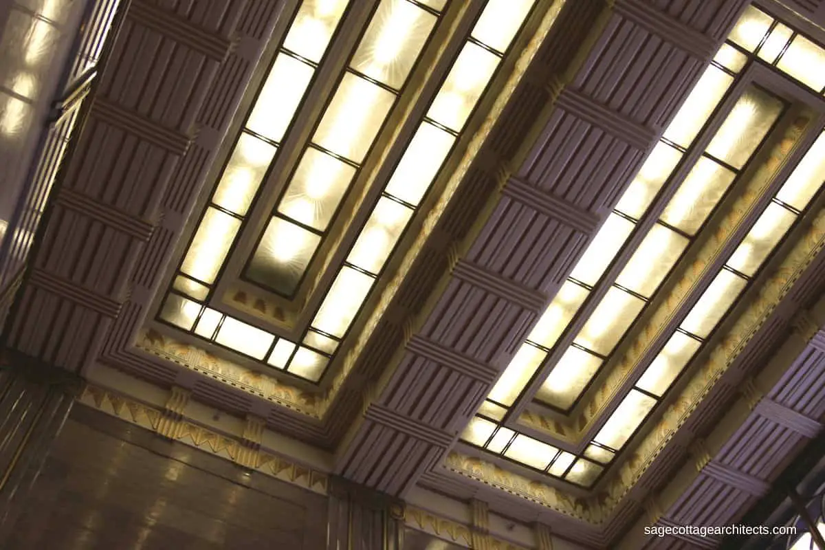 Recessed ceiling lights with Art Deco frosted glass in the lobby of the Carbide and Carbon Building. 